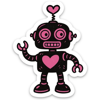 black and pink quirky robot with a heart-shaped antenna sticker