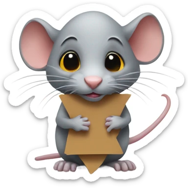 RAT, looks to the right side, holds a sign sticker