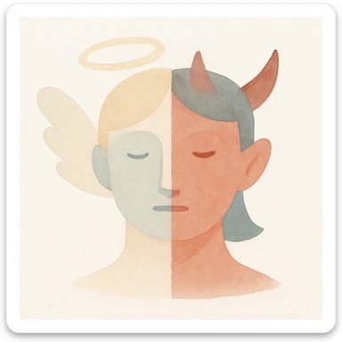 half animated face of an angel and half animated face of a devil, painterly style with soft colors sticker