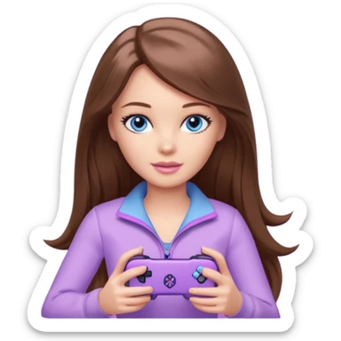 beautiful barbie girl with long brown hair, blue eyes and wearing light purple clothes playing pc games sticker