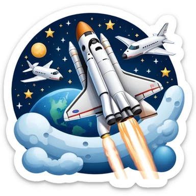 An icon featuring a space shuttle and an airplane against a starry sky, symbolizing aerospace technology. The design includes rocket boosters and satellite orbits, representing the exploration of space and advanced aviation. Transparent background sticker