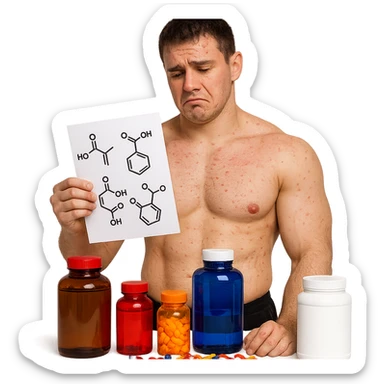realistic inexperienced bodybuilder holding list of molecules, surrounded by colorful bottles and pills, regretful expression, skin marked by stretch marks and acne, white background, 4K quality sticker