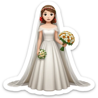 Chica blanca,cuerpo entero, vestido boda cuello barco y , pelo castaño,   1 ramo de flores , pelo recogido con velo largocola por la parte de atrás del vestido sticker