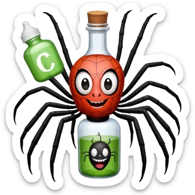 wesoły śmieszny pająk z butelka jadu i podpisem cześć sticker