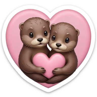 two otters hugging against a pastel pink heart sticker