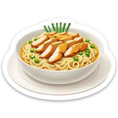A plate of noodles with yellow sauce and chicken at the top sticker