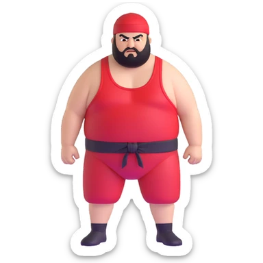 Extreme close-up of face of morbidly obese white skin guy with young face, prominent BLACK DURAG tied clearly on head, black beard but no mustache, clean shaven upper lip, black eyes in a red and black wrestling singlet with angry expression sticker