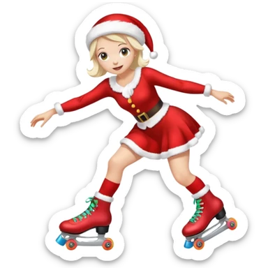 Create an emoji-style illustration of a female roller skater wearing roller skates and a Mrs. Claus (Mama Noel) outfit. The style should be cute, expressive, colorful, and clear at small sizes, with simple lines, soft shading, and a festive Christmas vibe. sticker