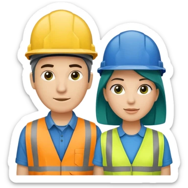 Um homem e uma mulher amarelos com capacete de obras ambos azul escuro e camisa social cinza com faixas refletivas verdes nos braços. Um deles deve estar segurando um megafone sticker
