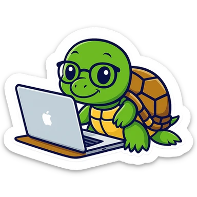 Add glasses to the cartoon turtle holding a MacBook. The original style is cartoon sticker style, so keep the same cartoon sticker look and feel with no background. sticker