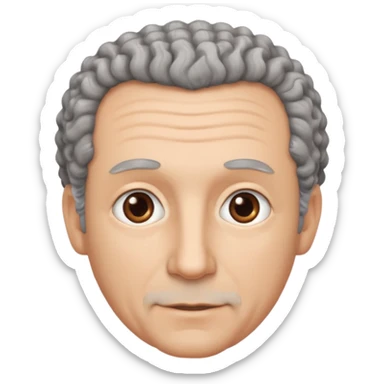 Illustrated emoji of a middle aged man with receding grey curly hair, brown eyes, white skin sticker