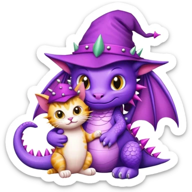 Purple Dragon with Spikes craddling a cat with a hat sticker