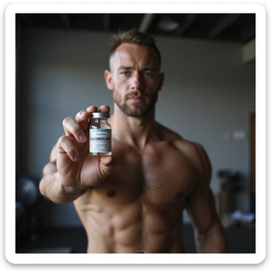 realistic photo of a crossfit athlete holding a vial labeled 'Oxandrolone' in the foreground, visible muscles, neutral atmosphere, gym background sticker