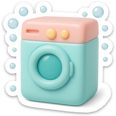 Add playful cartoon bubbles around the vinyl figure style washing machine, keep the original vinyl-figure look and colors. sticker