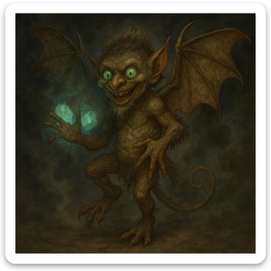 Add a smoky, magical background behind Igor the mephit, keeping the fantasy vibe. Maintain the fantasy style and atmosphere in the background to complement the character. sticker