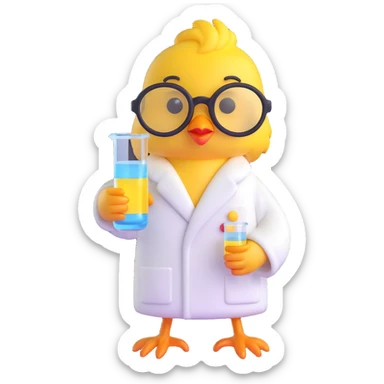 Add scientist glasses to the yellow chick in a white bathrobe holding laboratory glassware, 3D style, no background. sticker