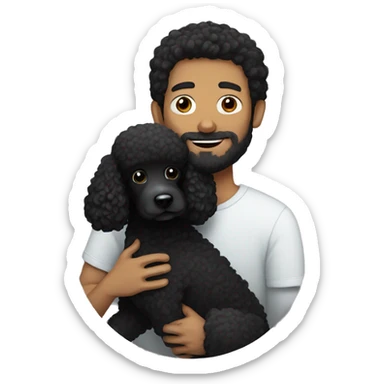 Black-haired and white guy with beard hugs black poodle dog  sticker