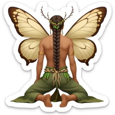 full body druid man, tan skin, long braid, from behind kneeling at lake edge, moths around shoulders sticker