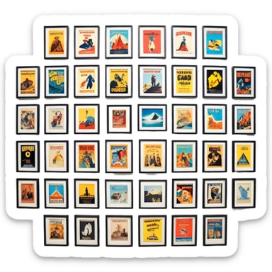 Icon for Photograph and Poster Collecting: a collection of photographs and movie posters, neatly displayed on a wall or in frames. The icon should evoke the nostalgia and artistic value of collecting rare images and posters. Transparent background. sticker