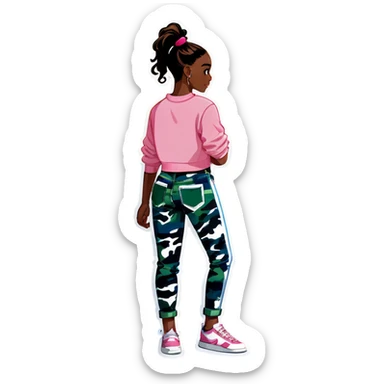 Black girl with ponytail wearing pink crop sweater with blue camo jeans and white shoes hugging black boy wearing white tank top and green pants sticker