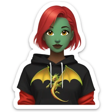 Lady with brunette and iridescent blue hair, gold, lime green dragon wings, black hoodie, bleach dyed, black and gold Nike t shirt, and bright red eyes sticker
