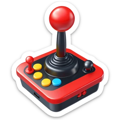 A colorful arcade joystick with red stick and buttons sticker