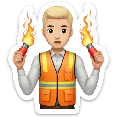 Man wearing a vest that has dynamite attached to it sticker