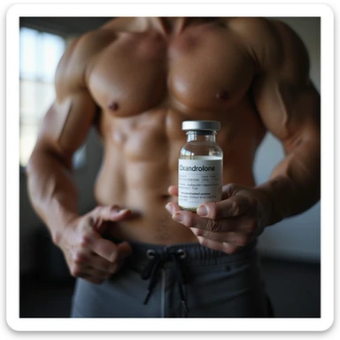 realistic photo of a crossfit athlete holding a vial labeled 'Oxandrolone', prominent muscles, natural light, gym background sticker