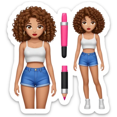 Full body teenage girl with curly brown hair, heavy makeup, big lips, crop top and choni style clothing sticker