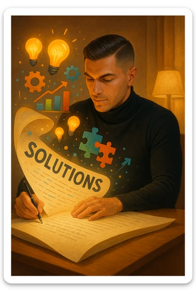 Un uomo concentrato, seduto alla sua scrivania in una stanza con luce calda, sta scrivendo su un enorme foglio di carta che si espande magicamente davanti a lui. Mentre scrive, le parole si trasformano in elementi visivi tridimensionali che rappresentano le soluzioni ai suoi problemi sticker