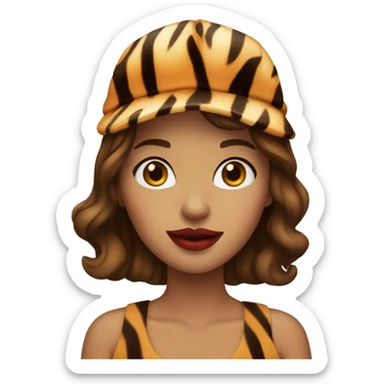 woman with brown hair and tiger hat, red lips sticker