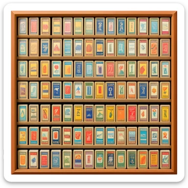 Icon for Matchbox Collecting: a collection of vintage and colorful matchboxes from different places, neatly displayed in a row or in a display case. The icon should reflect the uniqueness and diversity of matchbox collecting. Transparent background. sticker