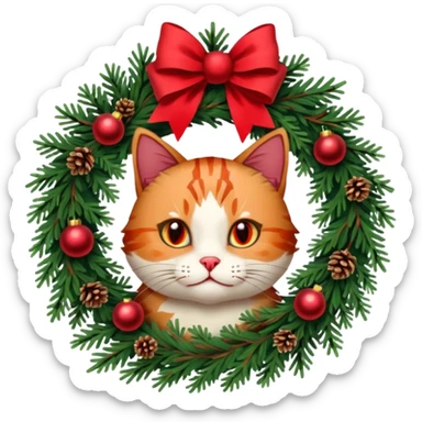A Christmas wreath made entirely of fir trees, decorated with a red bow at the bottom, pine cones and Christmas tree balls, and a cat poking its face through the hole in the center. sticker