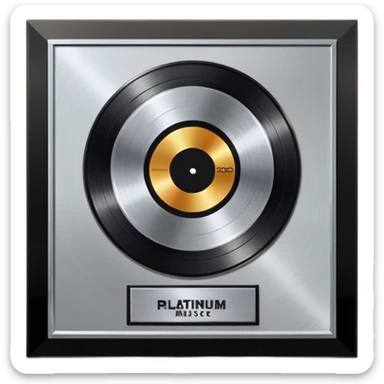 A platinum music award plaque: a square, polished platinum plate with a subtly textured, mirror-like finish, mounted on a simple dark metal base. The center features a relief of a or stylized vinyl record in a slightly darker metallic tone.  sticker