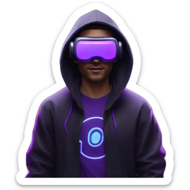Cyberpunk style. Violet neon. Man with white-light skin in the black hoody with violet OMG VR logo on it wearing vr headset oculus quest 2 sticker