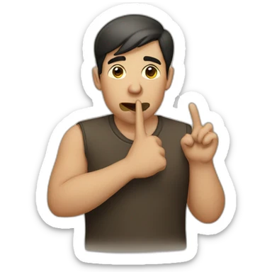 A guy with his finger in his mouth making the silence sign sticker