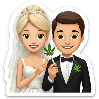 Bride in white dress and groom in tuxedo sharing a cannabis joint, cheerful cartoon wedding couple sticker