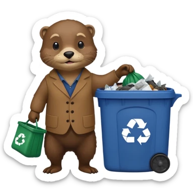 an otter dressed as a man picking up trash bins sticker