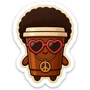 Tall coffee cup, no mouth, afro, heart glasses, peace sign necklace sticker