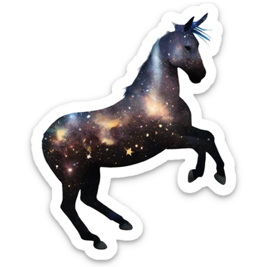 Ethereal zebra newspaper cutting flowers graffiti magazine collage glittering iridescent rich chestnut brown blue mane horse galloping through constellations and nebulas, unicorn Pegasus sticker