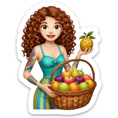 full body woman long curly brown hair brown eyes white skin tattoos holding basket of psychedelic fruits, teasing smile sticker