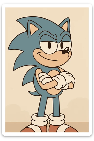 Sonic the Hedgehog, standing with arms crossed, confident smile, blue fur, white gloves sticker