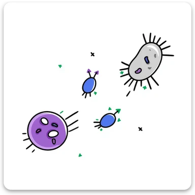 Antimicrobial action diagram: purple bacteria with detailed cell structure being attacked by blue shield-shaped antimicrobial molecules. Green arrows showing points of attack on cell wall and membrane. Hand-drawn scientific illustration with color-coded components. sticker