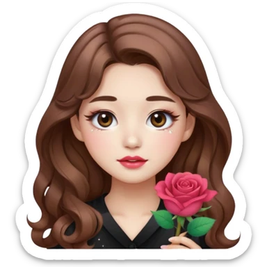 “korean brown hair Emoji girl, soft eyeliner, gradient rose lips, light brown shimmer eyeshadow, sparkly aegyo-sal, long wavy hair,  sticker