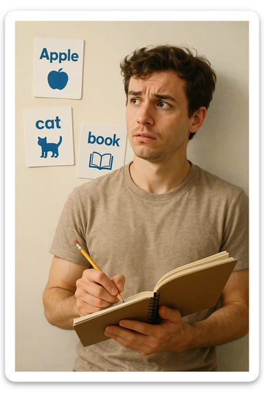 A young adult with a notebook and pencil, looking slightly confused but motivated, glancing at English flashcards, eager to learn, no speech bubbles or text sticker