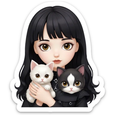 a pale white doll girl with medium wavy black hair and bangs with brown eyes wearing black gothic clothes with a white kitten  sticker