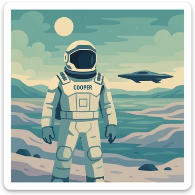 flat toon style Cooper standing on an alien planet with a distant spaceship, inspired by Interstellar sticker