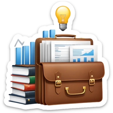 An icon showing a briefcase, a stack of documents, and a rising bar chart, representing business and entrepreneurship. The design features a laptop and a lightbulb, symbolizing innovation and strategy. Transparent background highlights the dynamic world of business growth and leadership. sticker