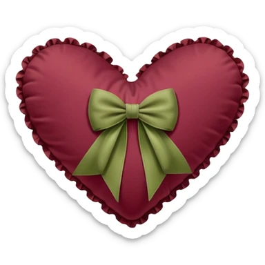 Burgundy heart shaped pillow with ruffles and olive color bow sticker