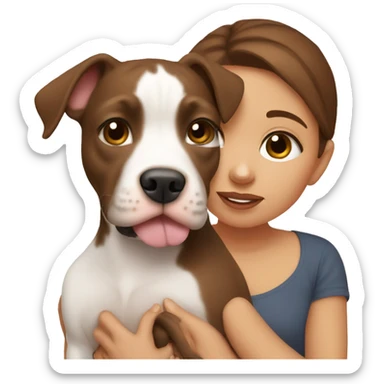 girl with brown hair holding pitbull puppy close to her face sticker